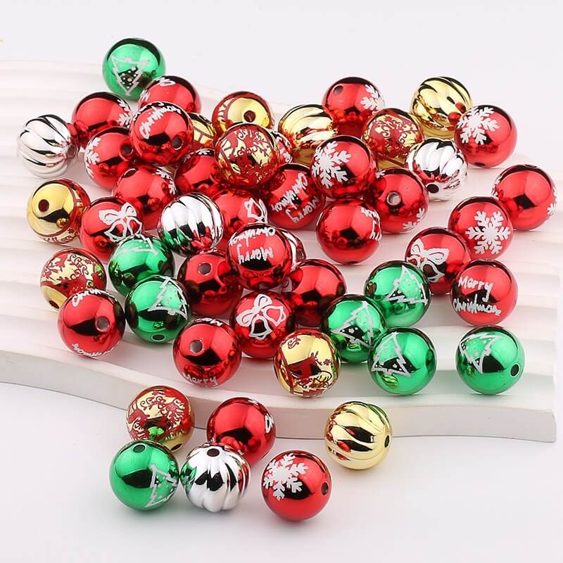 Christmas Printed Round Acrylic Beads 16mm Gold Pumpkin Design