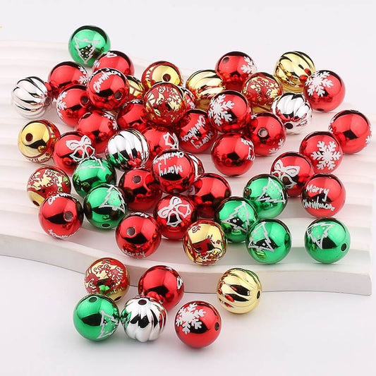 Christmas Printed Round Acrylic Beads 16mm Gold Pumpkin Design