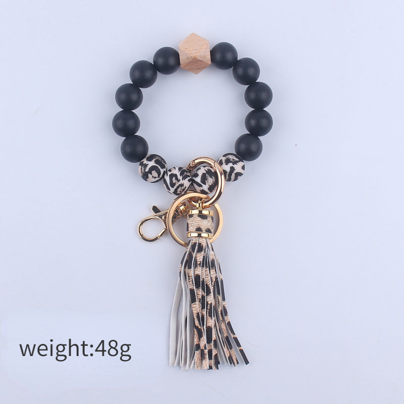 PU Leather Tassel Silicone Bead Wristlet Keychain Colorful Animal Print 5