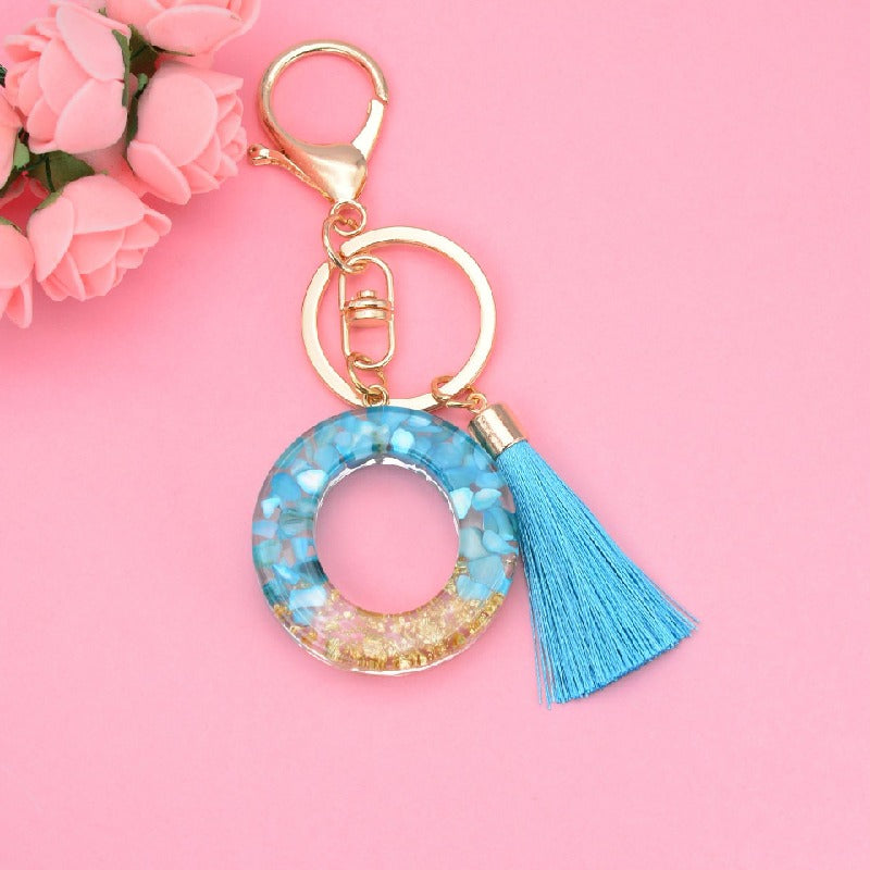 Blue Resin Tassel Monogram Keychain with Gold Flake Accent 17