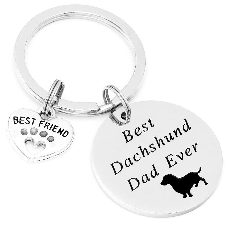 Dachshund Dog Keychain Stainless Steel Engraved Paw Print Charm 6