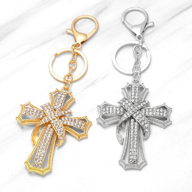 Metal Diamond Cross Keychain Elegant Gold and Silver Faith Inspired