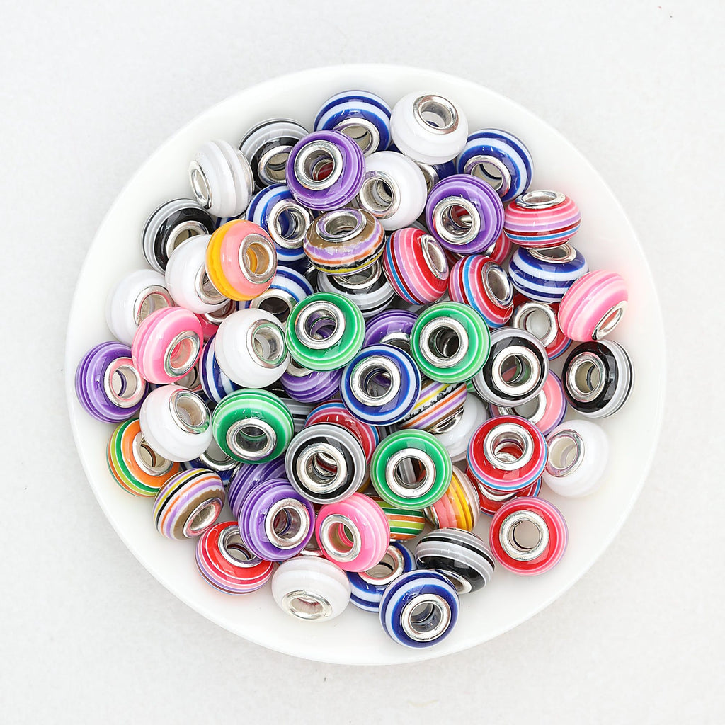 Striped Round Acrylic Spacer Beads 14mm Large Hole 50pcs - Random Color