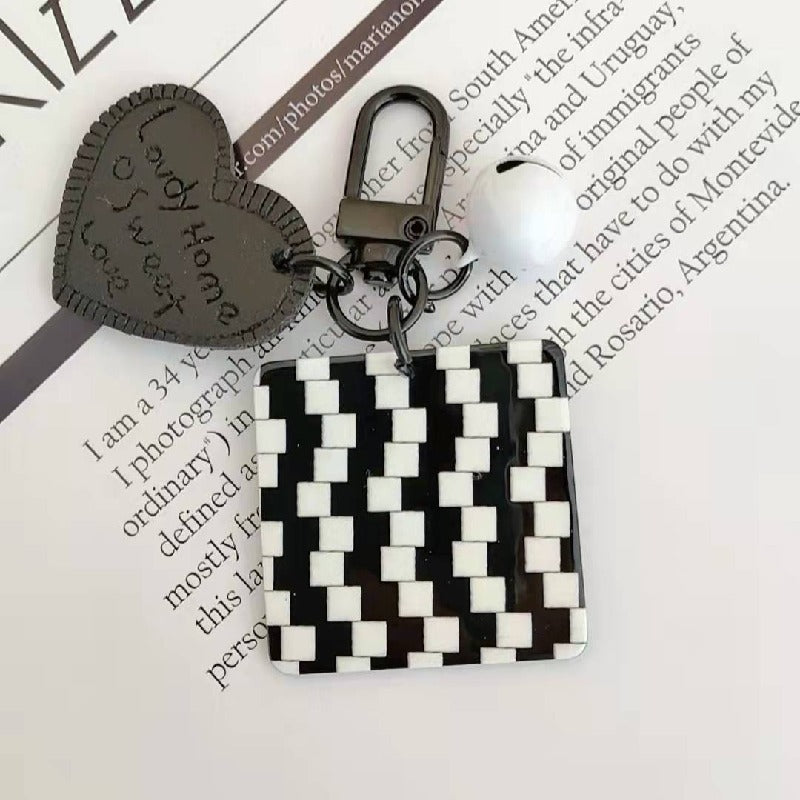 Cartoon Acrylic Plaid Striped Heart Leather Keychain Monochrome Design 10