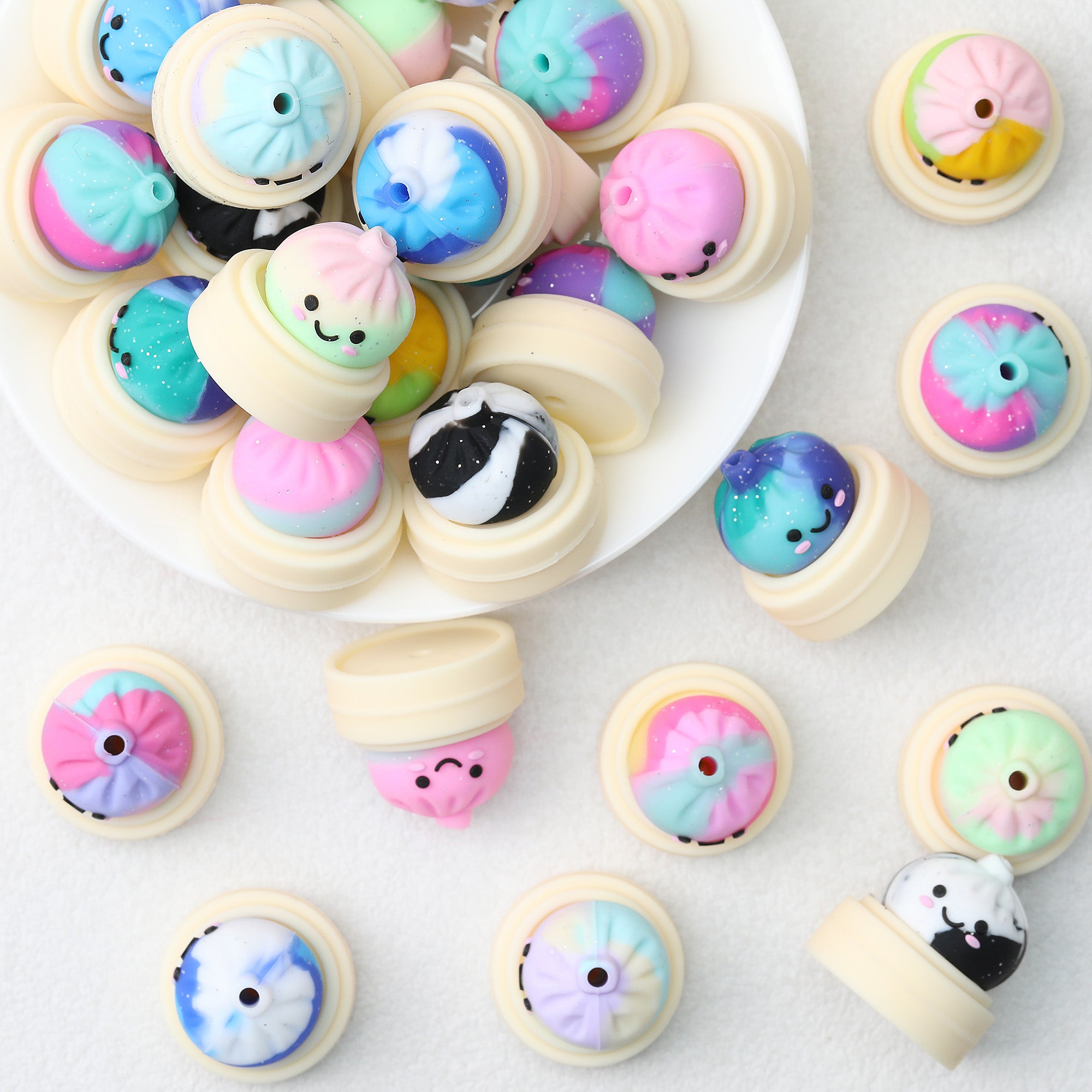 Tie Dye 3D Silicone Focal Beads With Steamer Cute Smiling Dumpling Glitter 20pcs