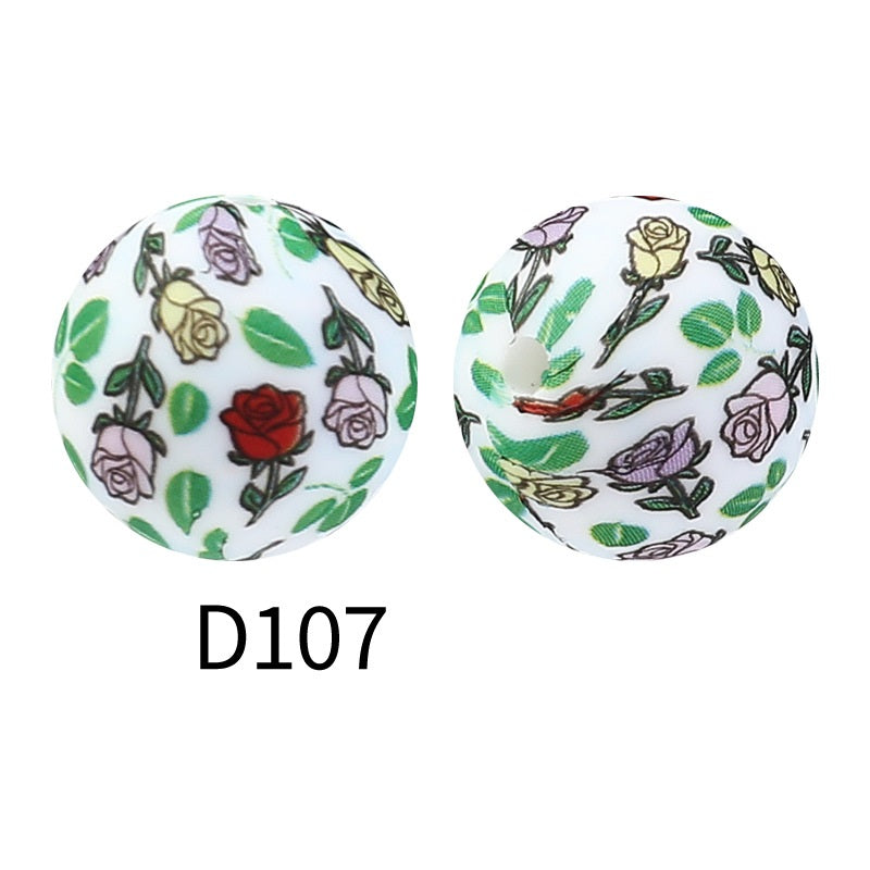 15mm Round Silicone Beads Floral Pattern Printed Design 50pcs 9