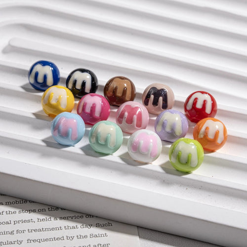 10mm Acrylic Round Beads Painted Letter M Design 50pcs 2