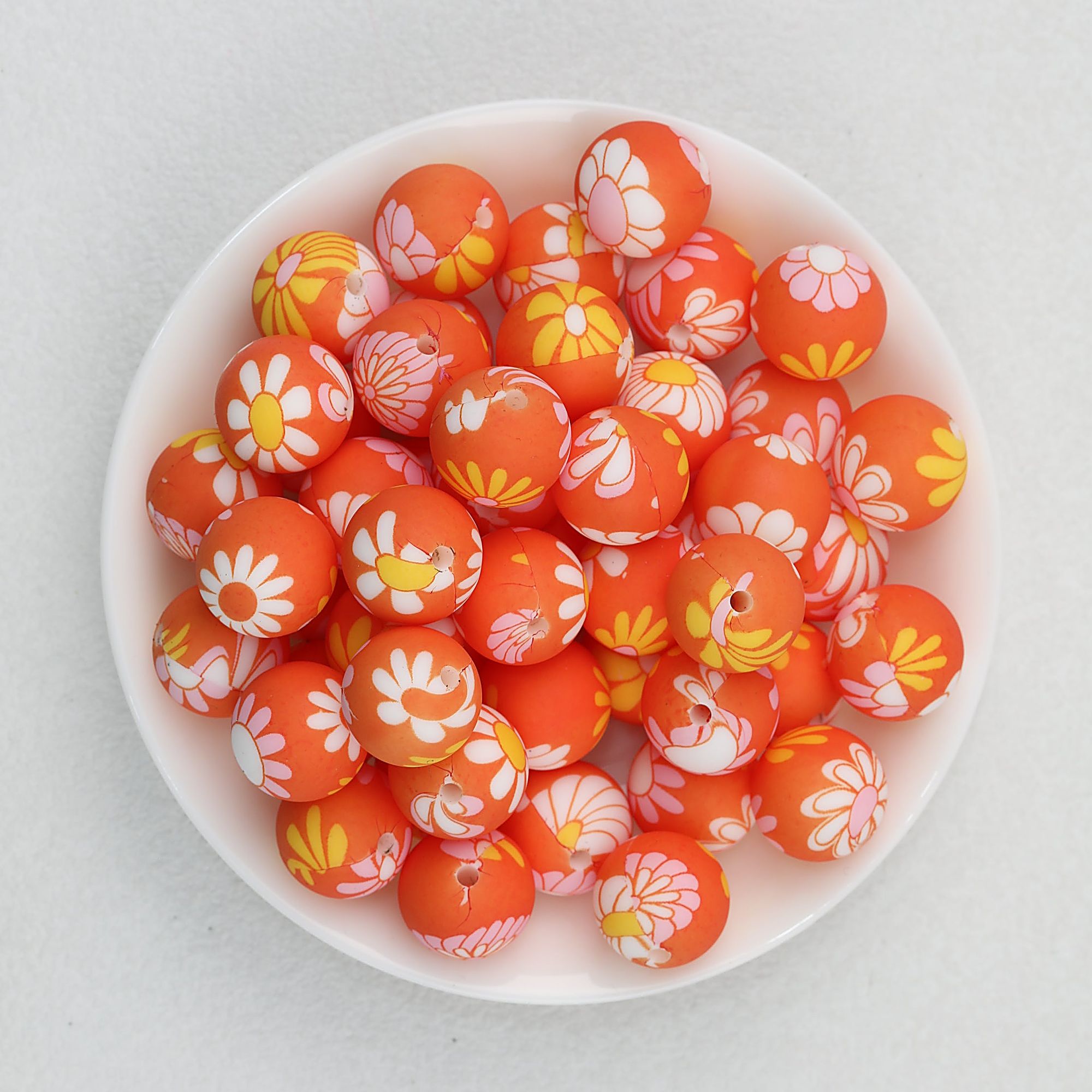 15mm Deep Color Pattern Printed Silicone Round Beads 50pcs - Sun Chrysanthemum