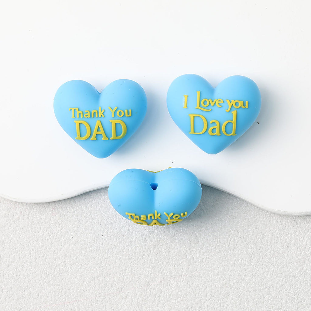 Father's Day 3D Heart Silicone Focal Beads Blue 20pcs