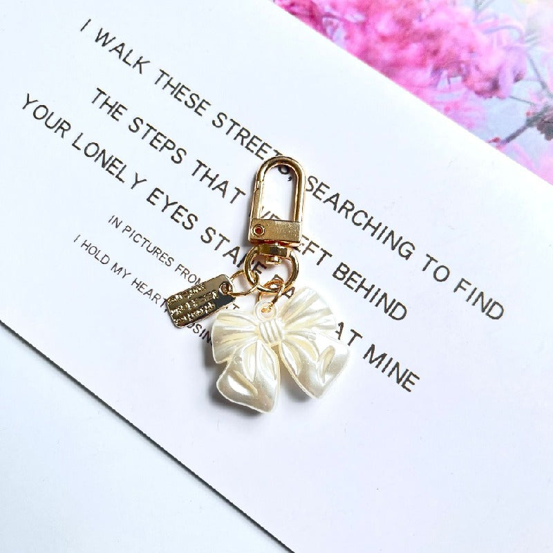Acrylic Bow Rose Flower Keychain with Pearly Charms and Gold Hardware 6