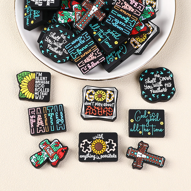 Silicone Focal Beads Jesus Faith Cross With Holly Cardinal 20pcs 8