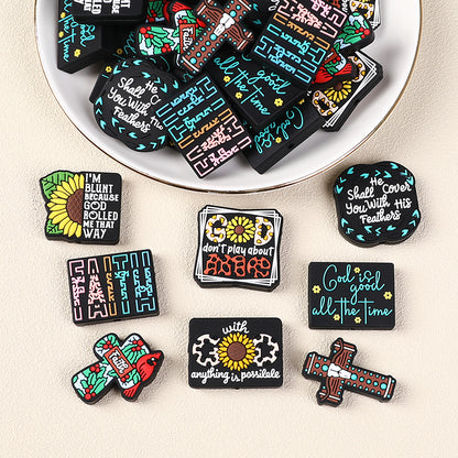 Silicone Focal Beads Jesus Faith Cross With Holly Cardinal 20pcs 8