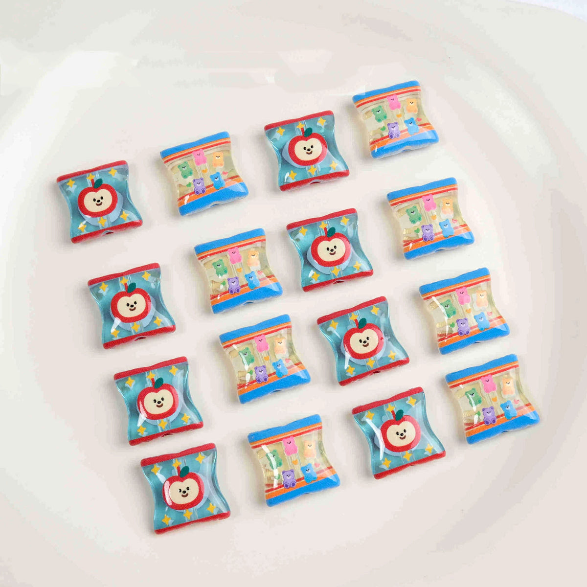 Square Acrylic Beads 17mm Apple Snack Bag Design 10pcs
