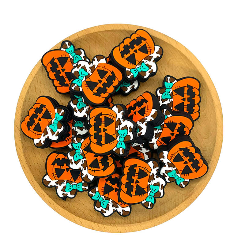 Silicone Focal Beads Western Cow Girl Pumpkin Wearing Turquoise Bow 2