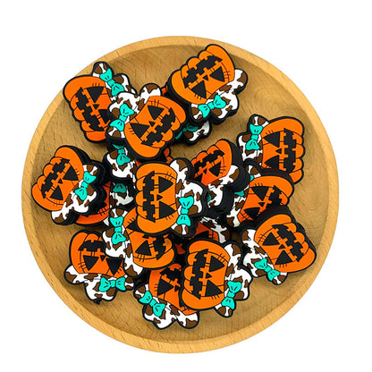 Silicone Focal Beads Western Cow Girl Pumpkin Wearing Turquoise Bow 2