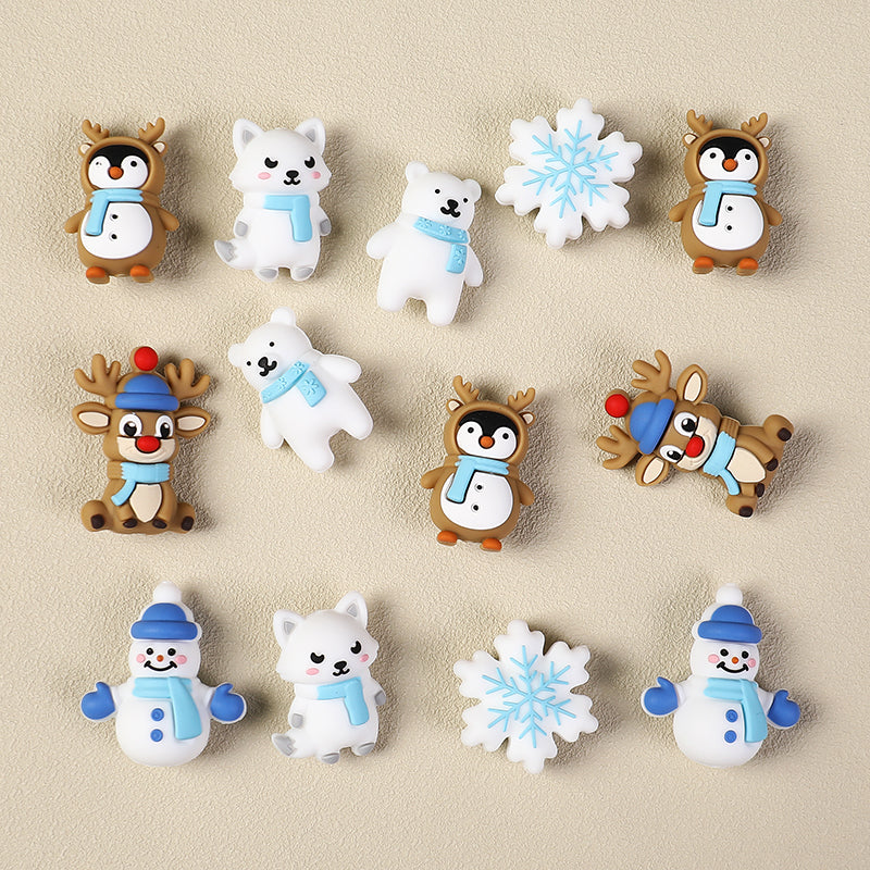 3D Winter Animal Silicone Focal Beads 20 Pcs with Reindeer Snowman Penguin 3