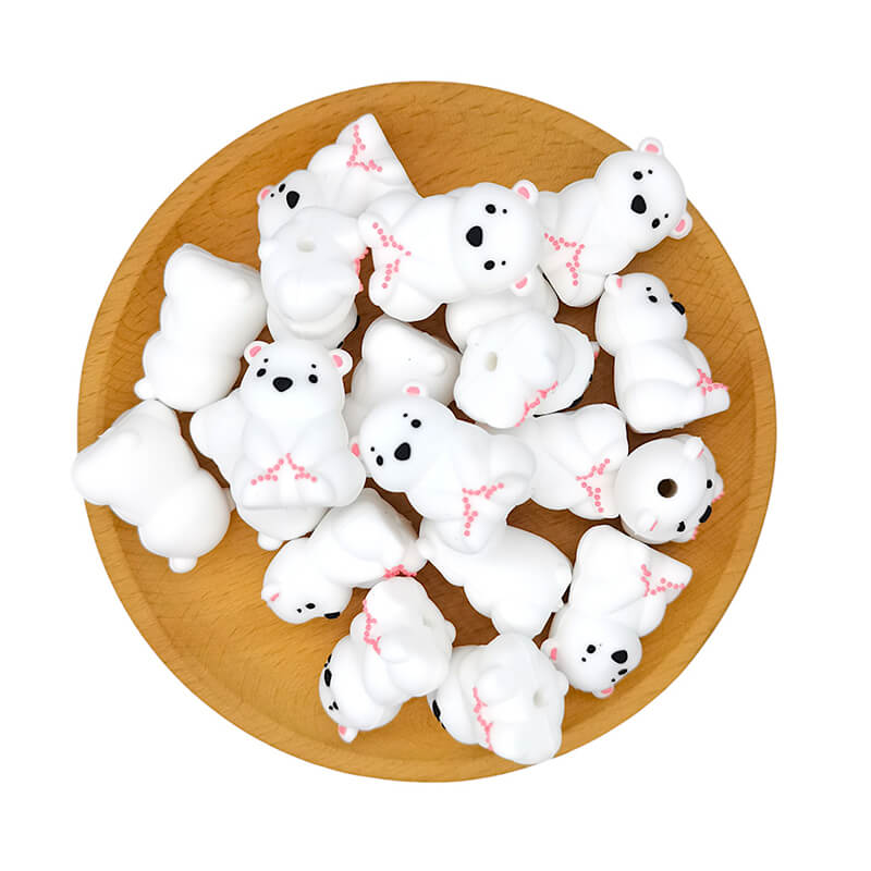 Silicone 3D Focal Beads Sitting Bear With Pink Paw Detail 20pcs 2