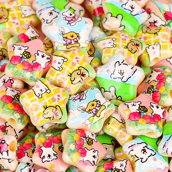 Star Shaped Acrylic Beads 25mm Spring Oil Painting Maltese Pattern 10pcs 4