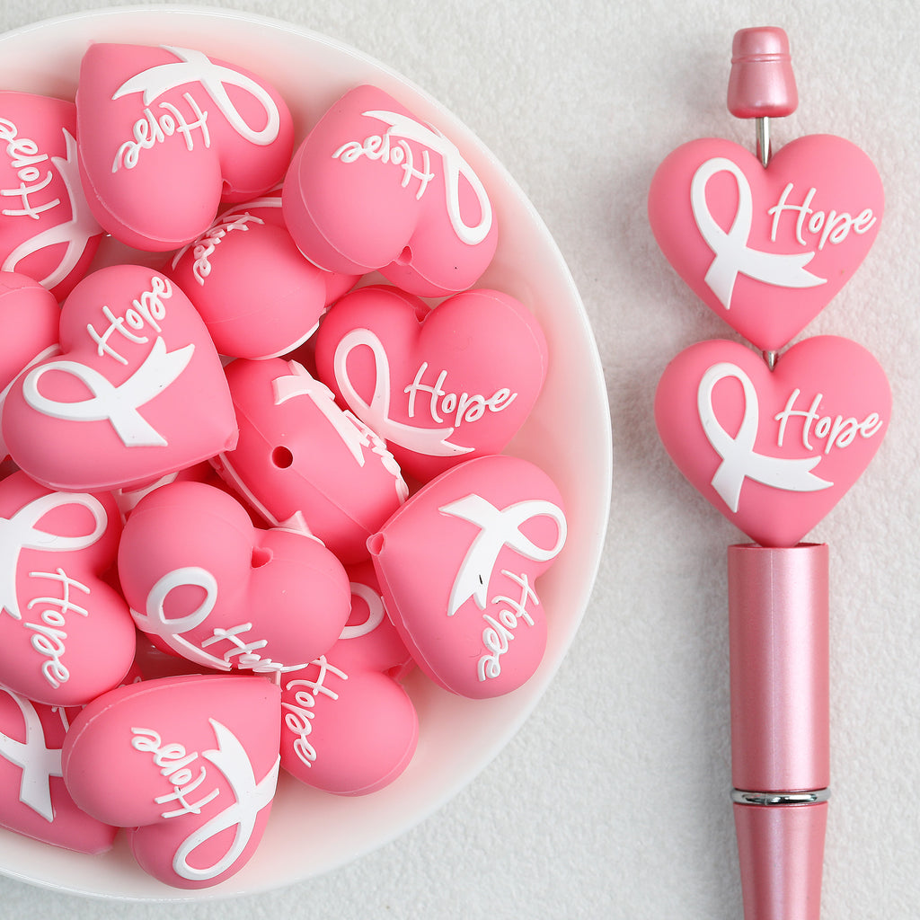3D Pink Heart Ribbon Silicone Focal Beads 20Pcs 