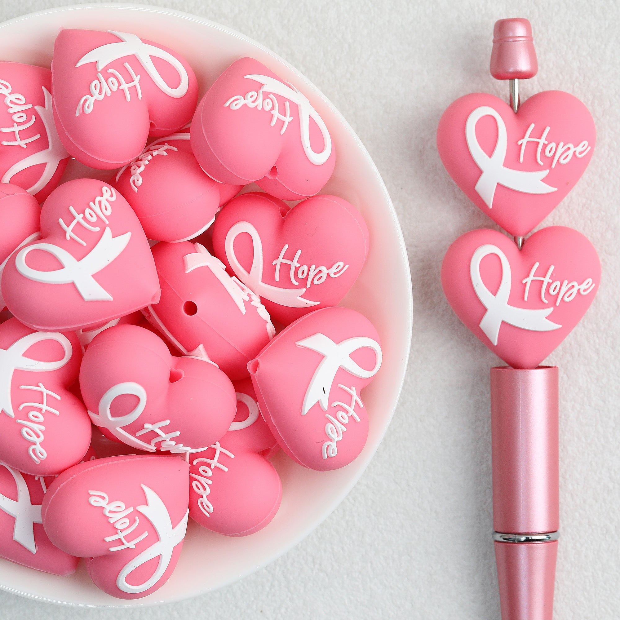 3D Pink Heart Ribbon Silicone Focal Beads 20Pcs 