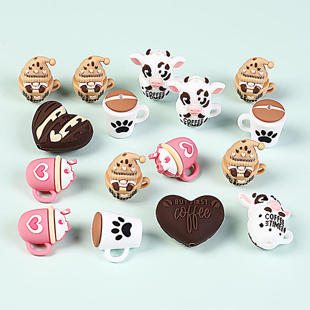 3D Coffee-Themed Silicone Focal Beads Cute Coffee Cups 20pcs