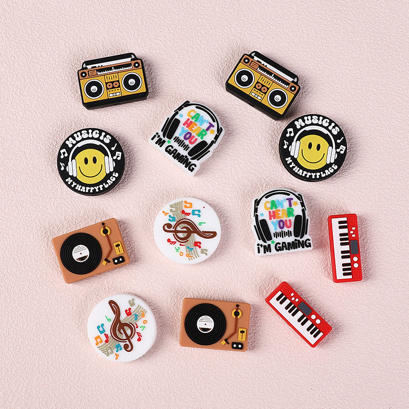 Silicone Focal Beads Music Themed Retro Radio and Smiley Face Circle Badge