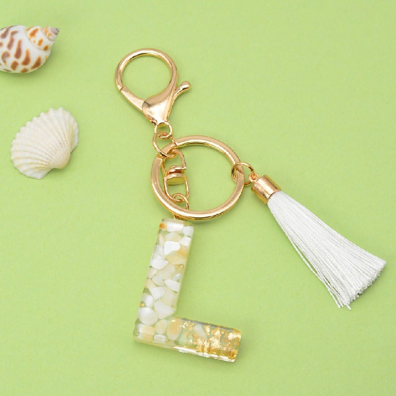 Tassel Letter A Keychain Resin Gold Flakes White Tassel 15