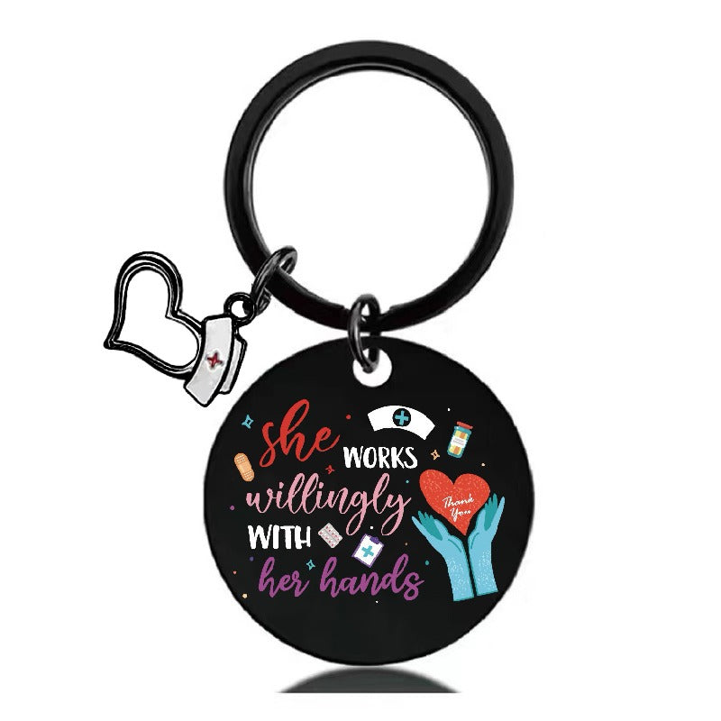 Stainless Steel Nurse Nursing Heart Cap Charm Color Printing Keychain 8