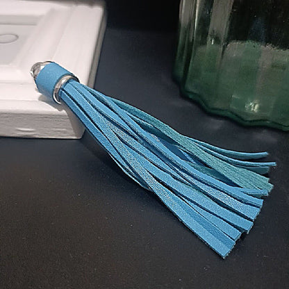 Silver PU Leather Tassel Keychain Metallic 9cm Length - 6 Lake Blue