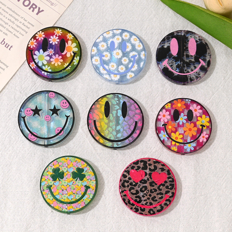 Floral Pattern 31mm Acrylic Flat Smile Face Beads 10pcs 3