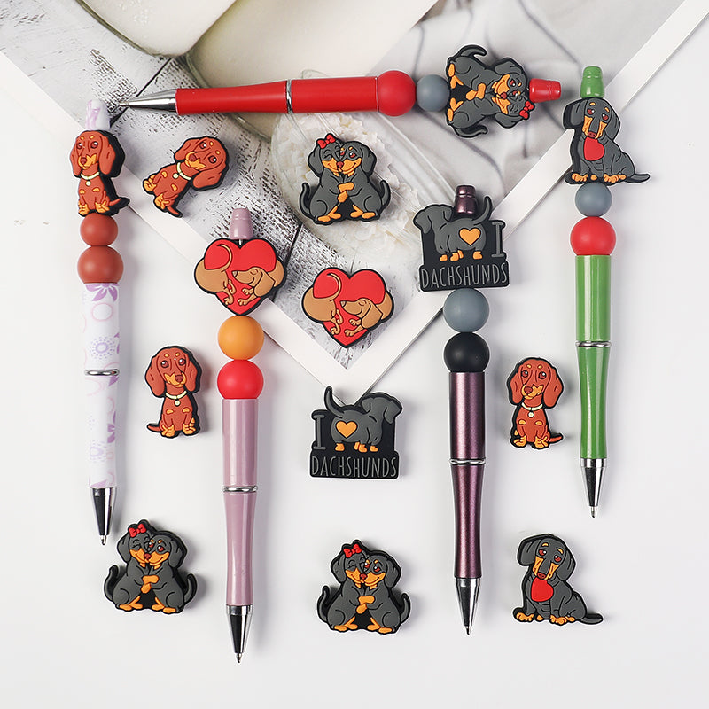 Silicone Focal Beads Valentine Sausage Dog I Love Dachshunds Heart 20pcs 8