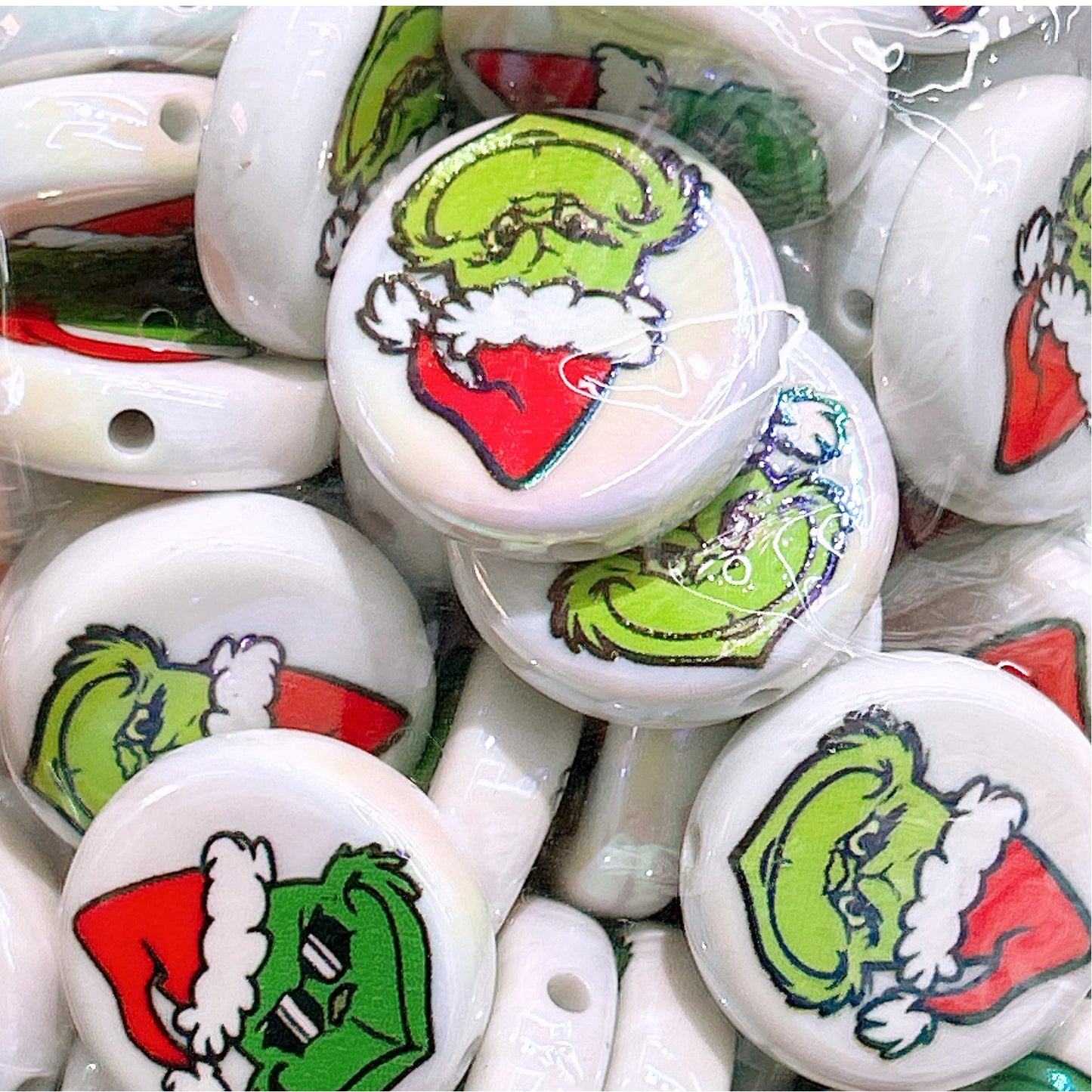 Flat Double-sided Print Acrylic Beads 22mm Grinch Design 50pcs