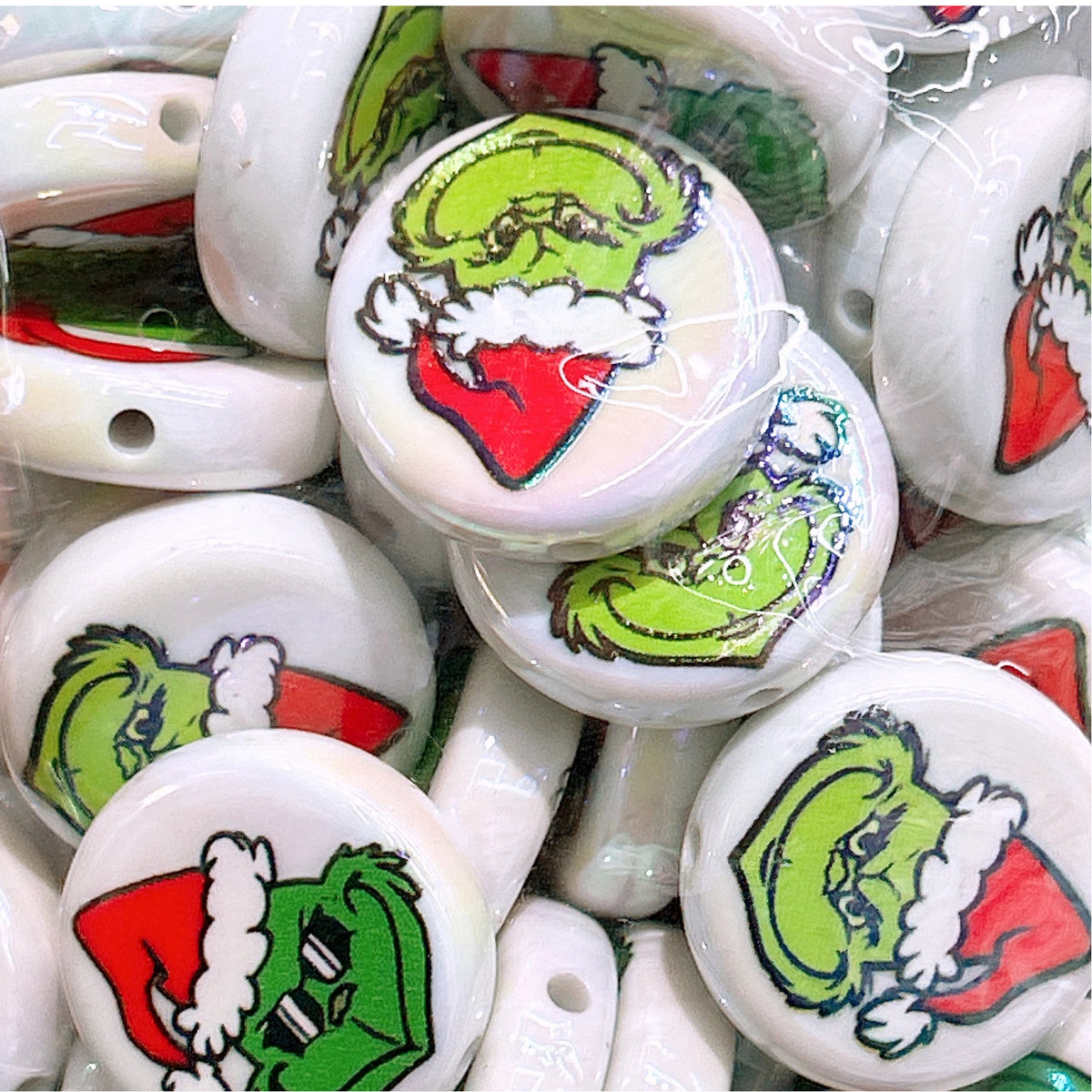 Flat Double-sided Print Acrylic Beads 22mm Grinch Design 50pcs