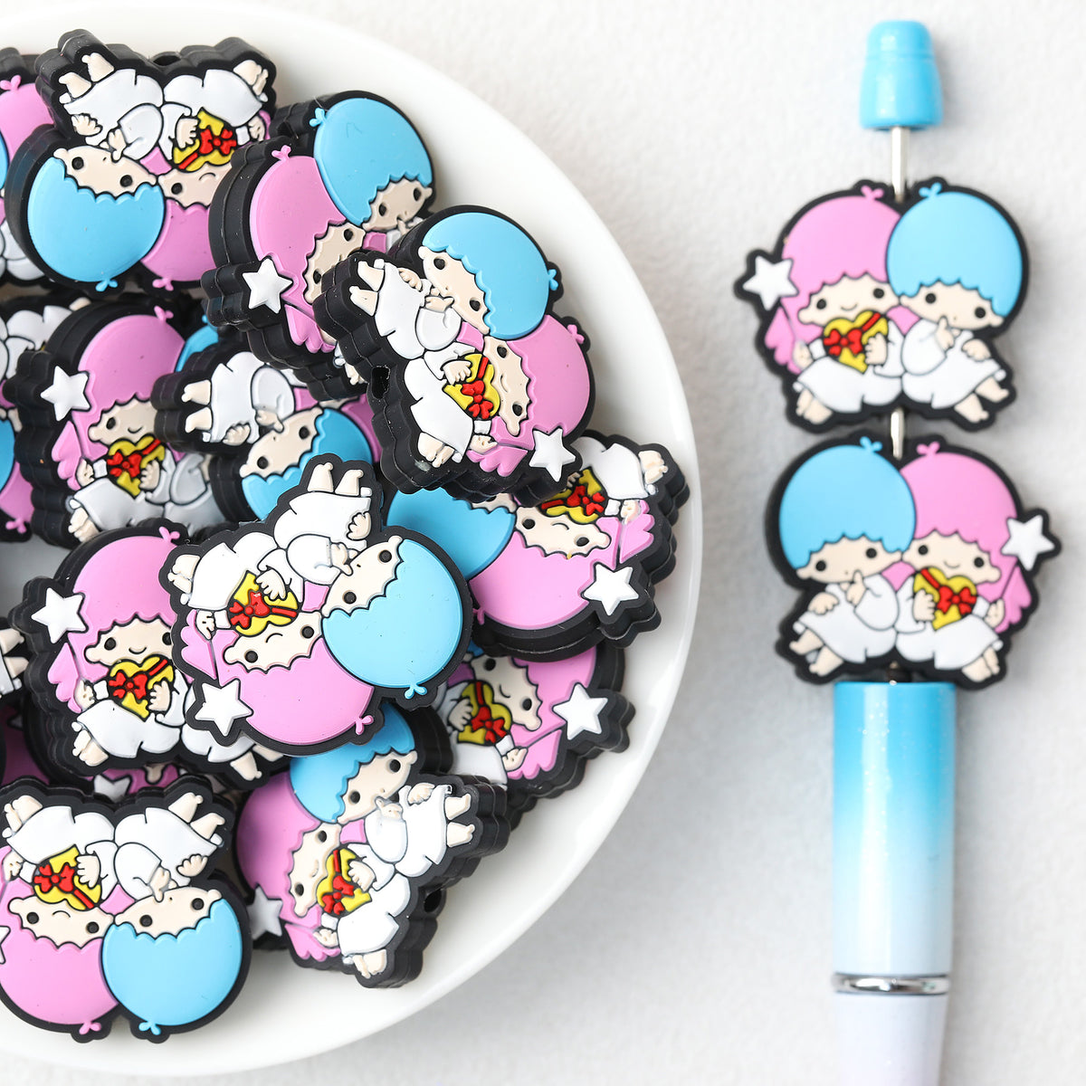  Valentine Pink Blue Gemini Silicone Focal Beads 20Pcs