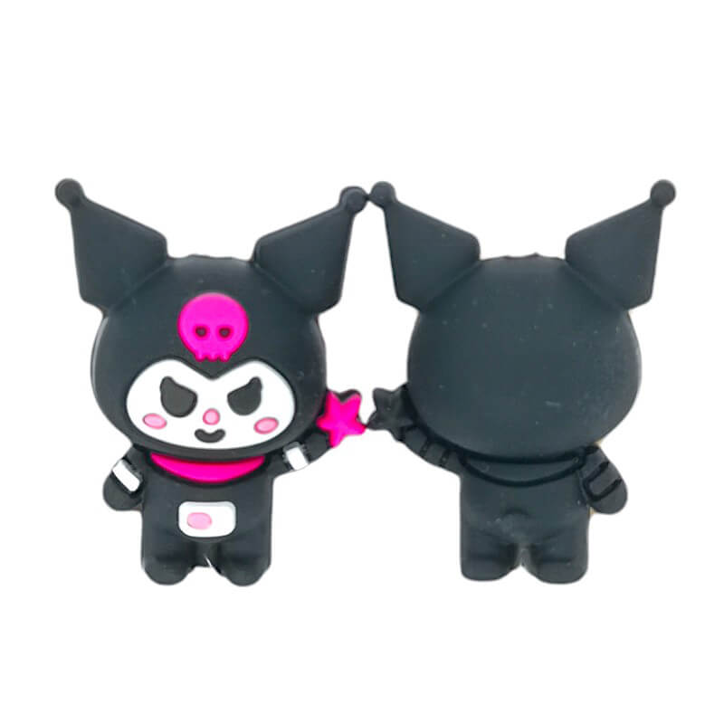 Silicone 3D Focal Beads Black Kuromi With Pink Skulls