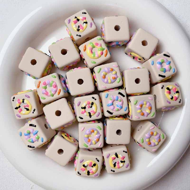 Hand Painted Square Acrylic Beads 16mm Cute Macaron 5pcs 10