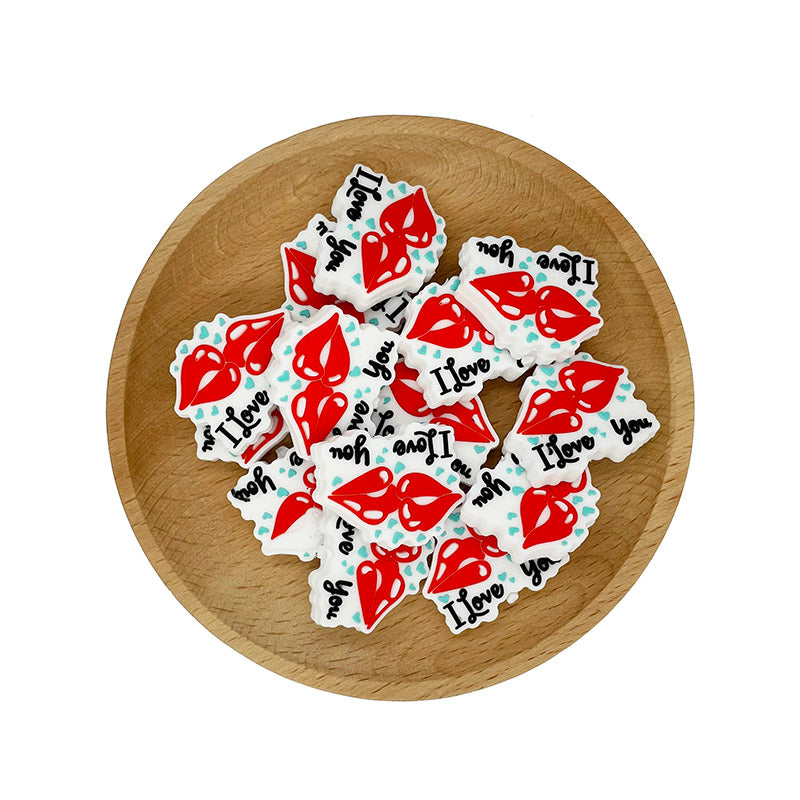 Silicone Focal Beads Valentine Lips I Love You Text 20pcs 2