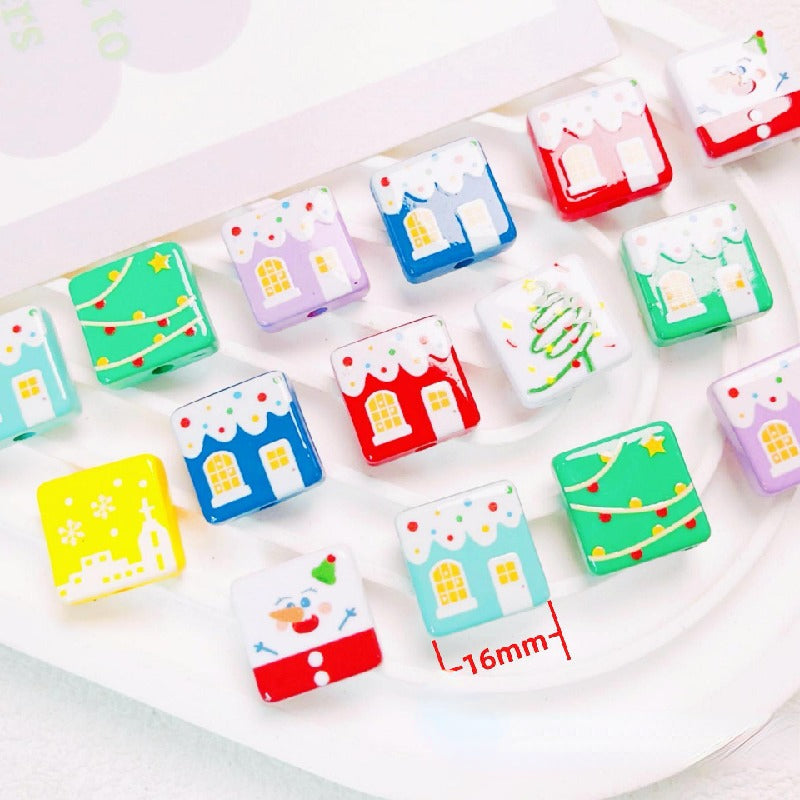 Christmas Square Acrylic Beads 16mm Gingerbread House Design 10pcs 2
