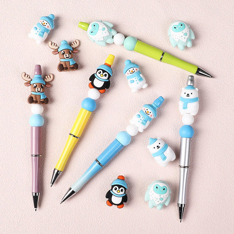 Silicone 3D Focal Beads Winter Theme Polar Bear Snow Monster Wearing Hats 20pcs 6