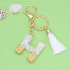 Tassel Letter A Keychain Resin Gold Flakes White Tassel 11