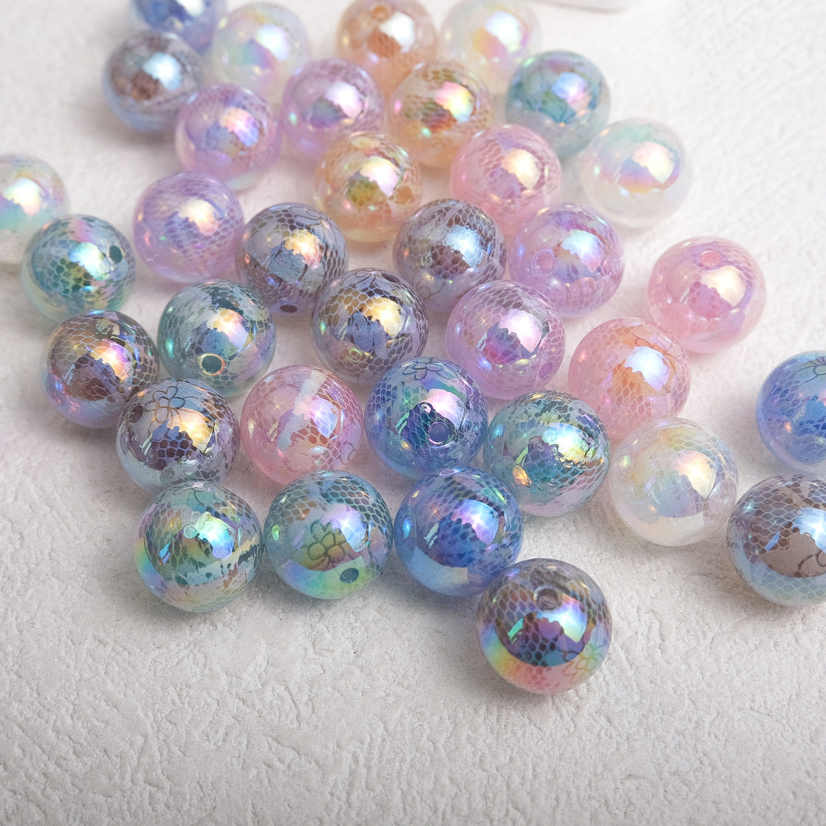UV Plating Round Acrylic Beads 14mm Lace Printed Mixed Colors 50pcs