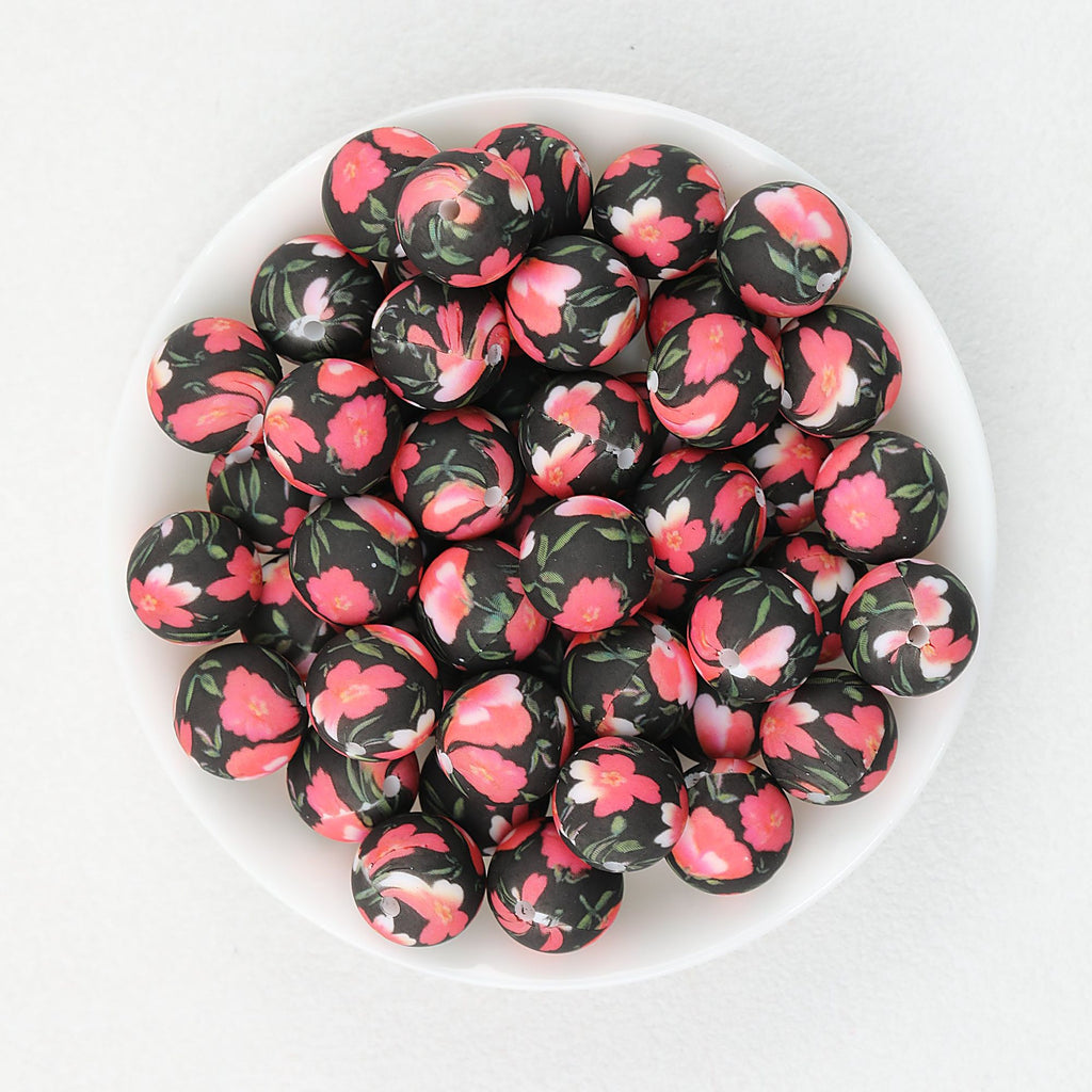 15mm Deep Color Pattern Printed Silicone Round Beads 50pcs - Pine Red Plum