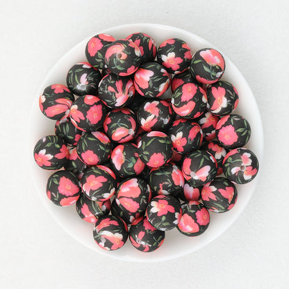 15mm Deep Color Pattern Printed Silicone Round Beads 50pcs - Pine Red Plum