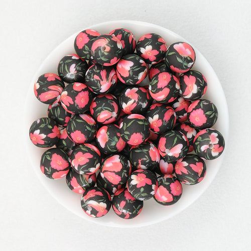15mm Deep Color Pattern Printed Silicone Round Beads 50pcs - Pine Red Plum