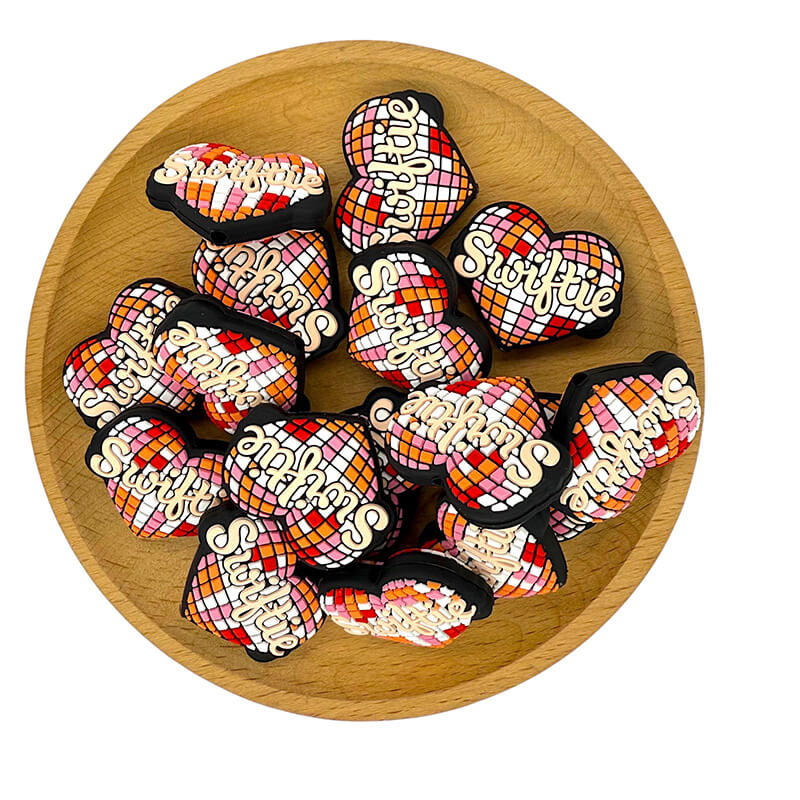 Silicone Focal Beads Love Heart Mosaic with Swiftie Text 1pcs 2