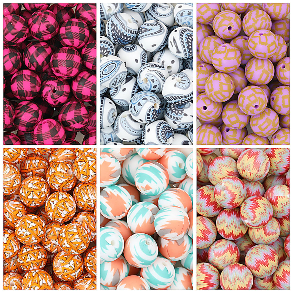 15mm Printed Pattern Round Silicone Beads 50pcs