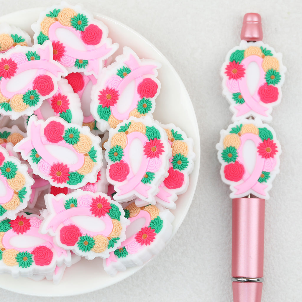 Pink Ribbon Flower Wreath Silicone Focal Beads 20Pcs 
