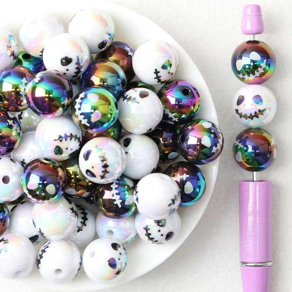 Round Acrylic Beads Wholesale, 16mm Iridescent Electroplated Skull-Face Halloween Design