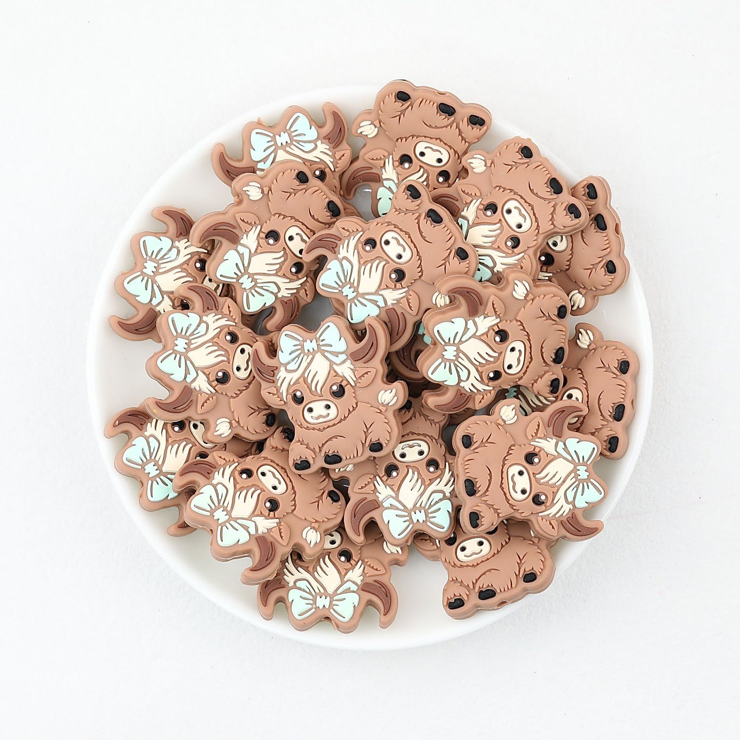 Bow Silicone Focal Beads with Highland Cow Design 20pcs - Blue