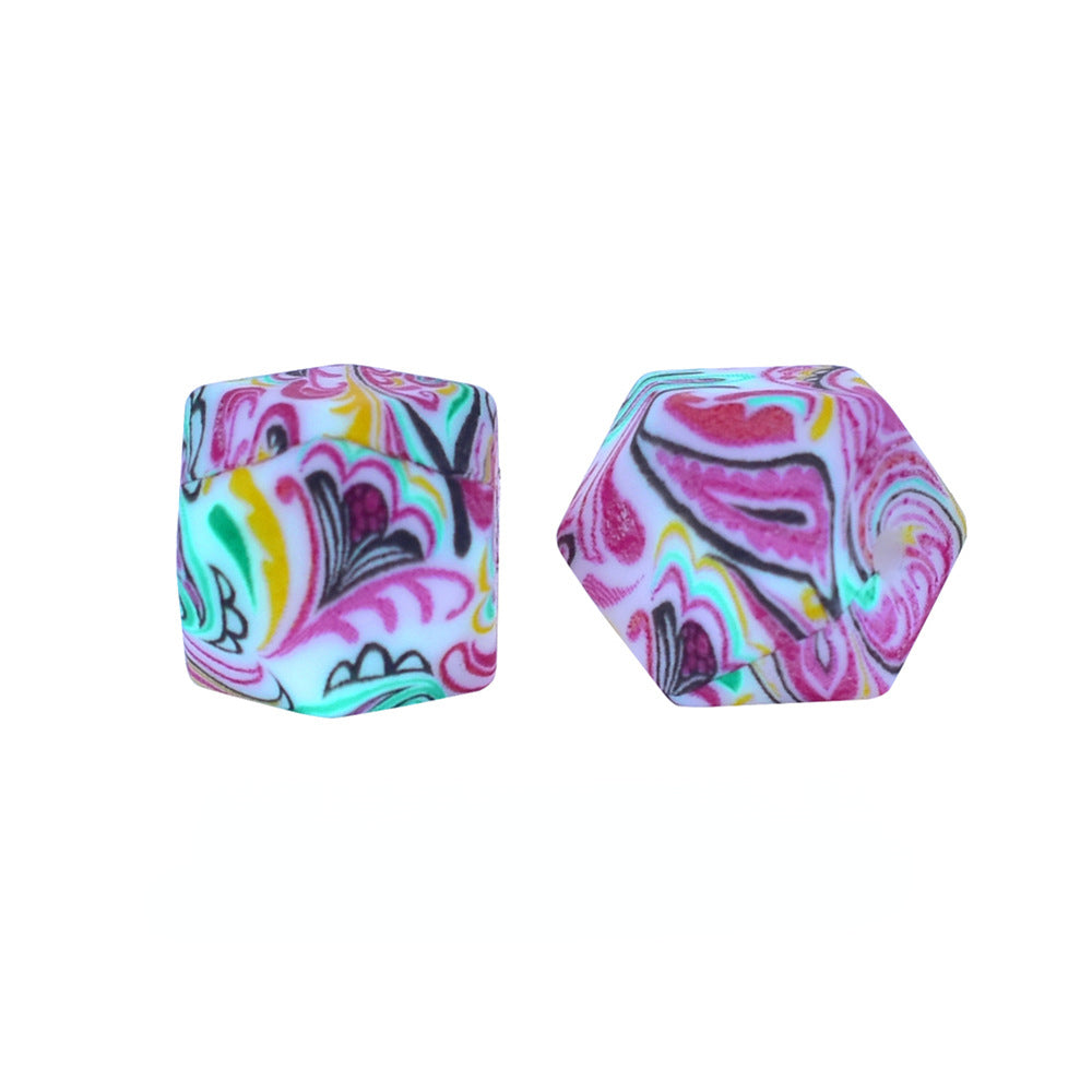 14mm Hexagon Silicone Beads Printed Camouflage Leopard Design 50pcs
